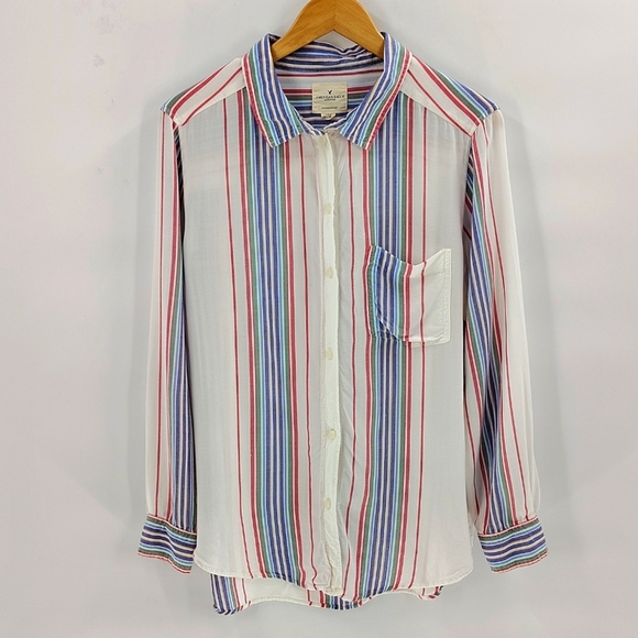 AEO American Eagle button down shirt large multicolor stripe long sleeve women's - Picture 1 of 6